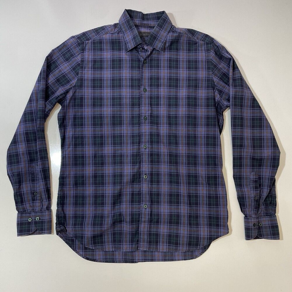 Saks Fifth Avenue Men's Button Long Sleeve Casual Shirt Checks Purple Green Med